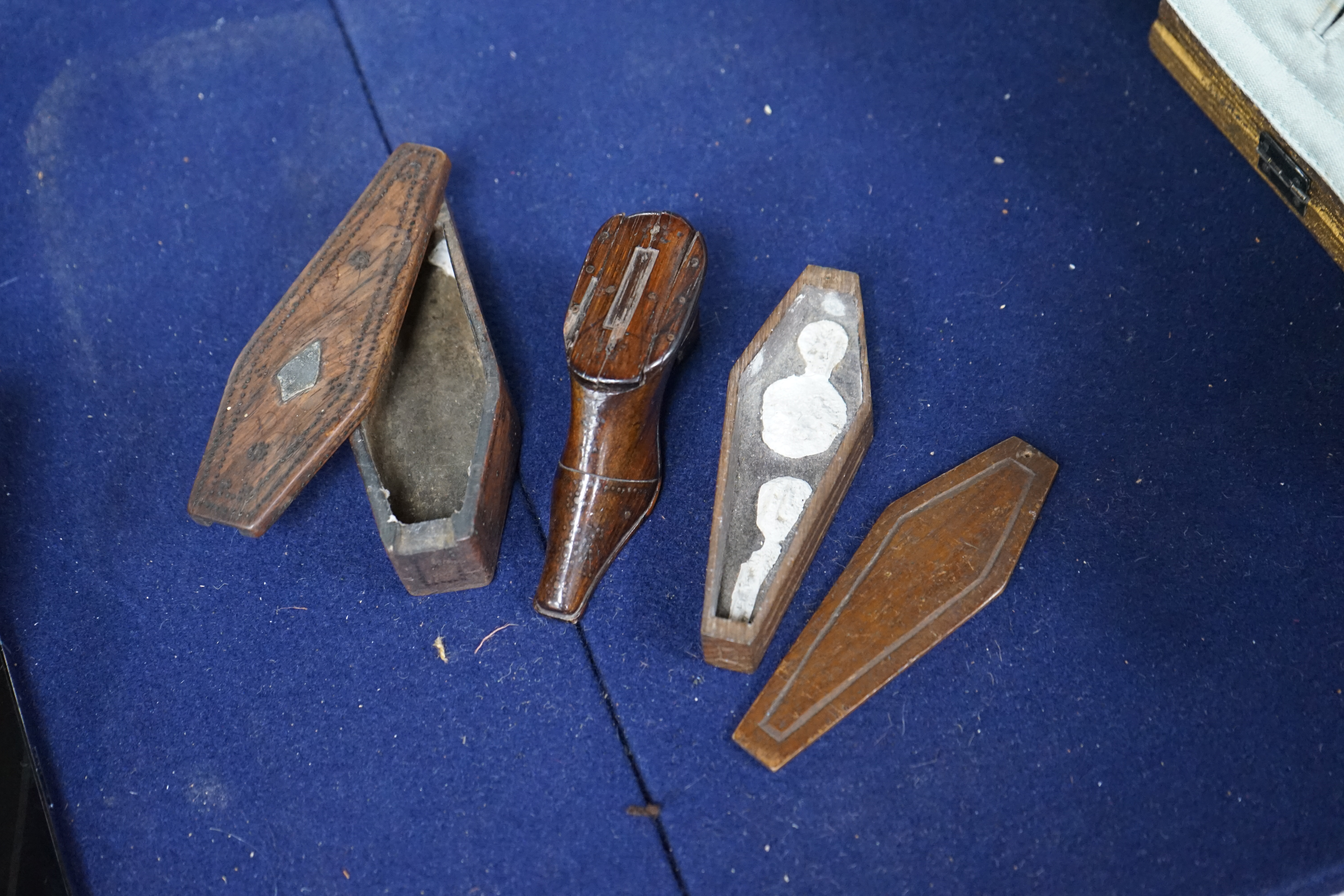 Three 19th century treen snuff boxes, two coffins and a shoe. Condition - fair to good